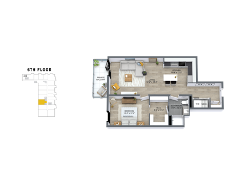 Floor plan for 1 bed, 1 bath, 863 sqft